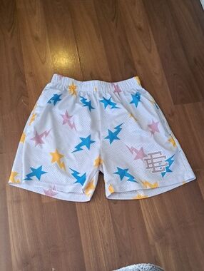 Eric Emanuel White Mesh Shorts with Blue, Yellow & Pink Star Lightning Motif